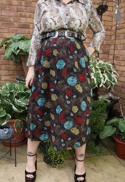 Vintage 90s Brown Cottage Floral Flower Festival Midi Skirt