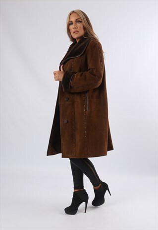 VINTAGE SHEEPSKIN SUEDE SHEARLING COAT MID UK 16 XL (F82Q)