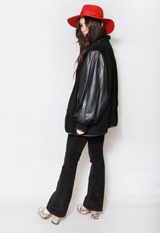 VINTAGE 1980'S BLACK LEATHER ARM SHEARLING AVIATOR COAT