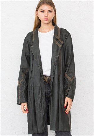VINTAGE DARK GREEN OZ DERICILIK LONG LEATHER COAT