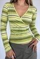 Vintage 90s Top Long Sleeve Cross Over Stripey Buckle Y2k