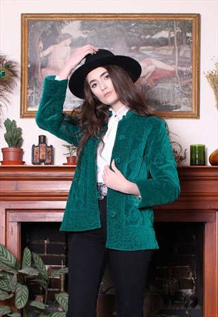 VINTAGE 70S EMERALD GREEN VELVET QUILTED ASIAN JACKET