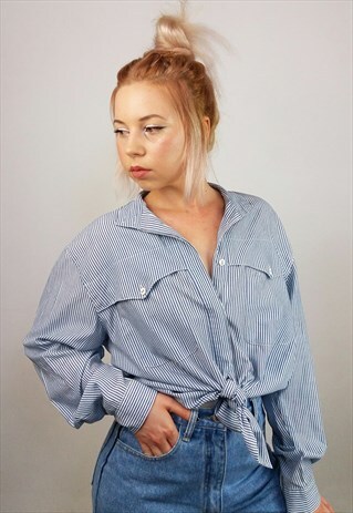 VINTAGE 90'S MINIMALIST BUTTON-UP PINSTRIPE SHIRT / BLOUSE