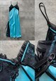 VINTAGE Y2K 00S SATIN MAXI BLUE DRESS WITH LACE TRIM