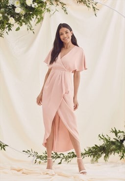 Clara Angel Sleeve Wrap Satin Midi Dress in Rose Pink