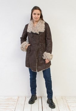 Vintage Women's S Faux Suede Fur Jacket Coat Afghan Brown