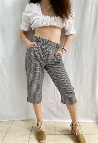 VINTAGE 80S GINGHAM CHECK SHORT CUT CAPRI TROUSERS PANTS