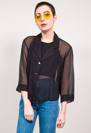 VINTAGE 90'S BLACK SHEER SHIRT QUARTER SLEEVE BLOUSE
