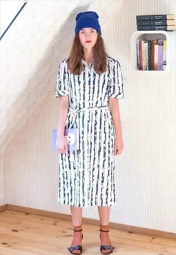 White and blue striped shirt style belted vintage dress