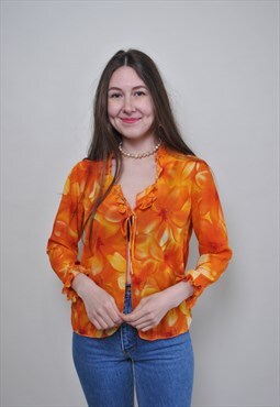 Summer ruffled blouse, vintage orange ruffle shirt