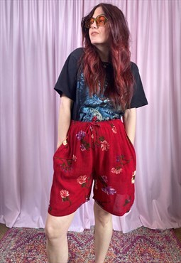 vintage 90s shorts red floral beach summer boho holiday