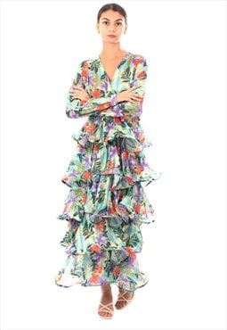 Floral Print Ruffle Multi Layer Hem design maxi long Dress 