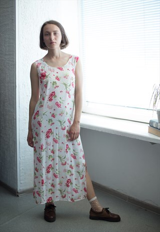 VINTAGE 80'S WHITE FLOWER PATTERNED MAXI DRESS