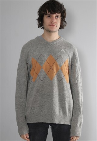 VINTAGE KAPPA ARGYLE V NECK JUMPER XL