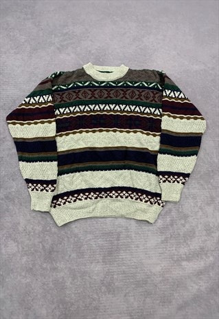 VINTAGE KNITTED JUMPER ABSTRACT PATTERNED GRANDAD SWEATER