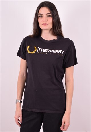 FRED PERRY WOMENS VINTAGE T-SHIRT TOP SMALL BLACK 90S