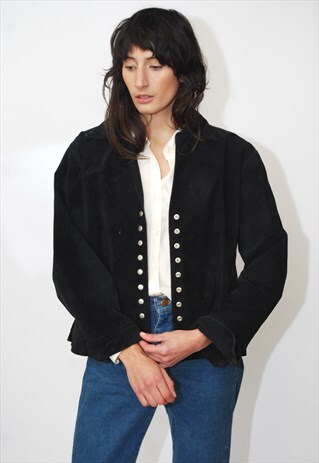 BLACK SUEDE JACKET (L) VINTAGE 90S LEATHER BIKER MOTORCYCLE