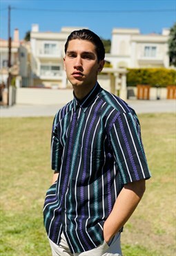 Vintage 90's Multicolor Printed Striped Short Sleeve Shirt