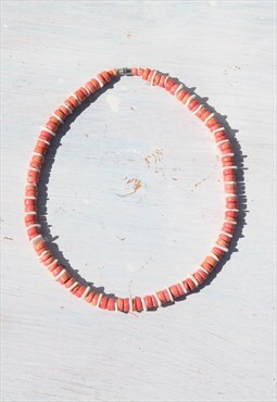 Handmade 90s orange/white shells/wood beaded necklace