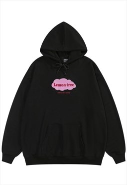 Patchwork hoodie grunge pullover lemon slogan top in black