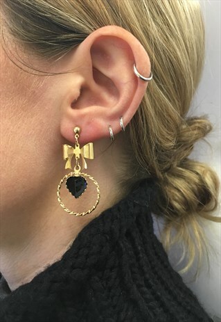 1990S VINTAGE BLACK ENAMEL HEART EARRINGS