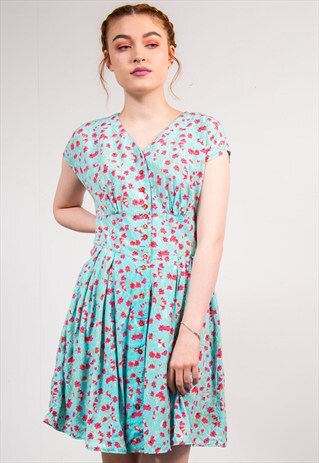 VINTAGE 90'S BLUE POPPY FLOWER PATTERN SUMMER MINI DRESS