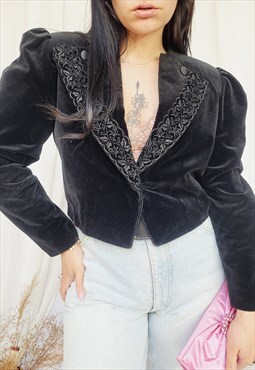 90s retro black velveteen embroidered collar blazer jacket 
