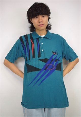 VINTAGE 90S REEBOK TEAL GRAPHIC POLO SHIRT