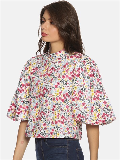 High-neck multicolour puff sleeve top