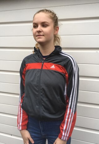 WOMENS VINTAGE STYLE ADIDAS JACKET GREY RED SPORTS ZIPPER