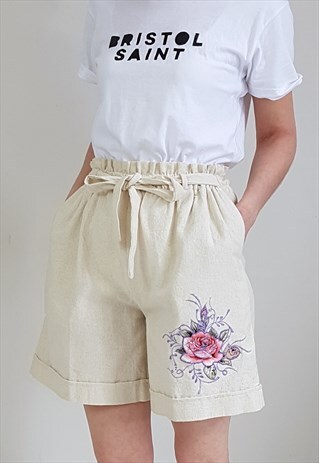 VINTAGE 90'S PAPERBAG BEIGE LINEN SHORTS W/ EMBROIDERY