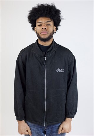 VINTAGE 90S ASICS BLACK ZIP-UP SWEATSHIRT