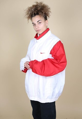 VINTAGE NIKE WHITE/RED NYLON TRACK JACKET WINDBREAKER