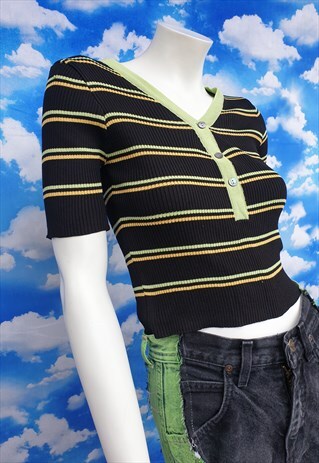 STRIPED BUTTON DOWN RIB TOP IN BLACK