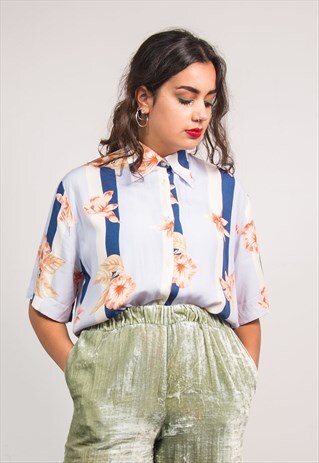 90'S VINTAGE BLUE STRIPE HAWAIIAN STYLE SHORT SLEEVE SHIRT