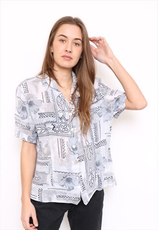 VINTAGE 90S GREY PRINT SHEER BLOUSE SHIRT