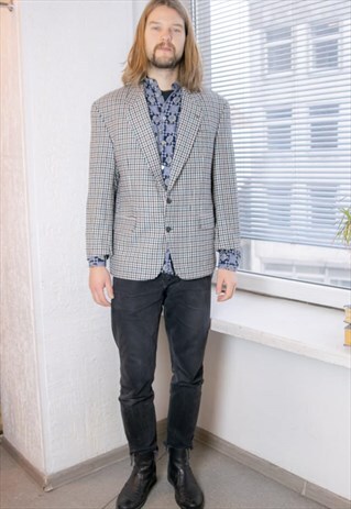 Vintage 80's Multicolour Houndstooth Wool Blazer Jacket