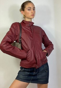 Vintage Y2k Burgundy Leather Biker Jacket Grunge Red