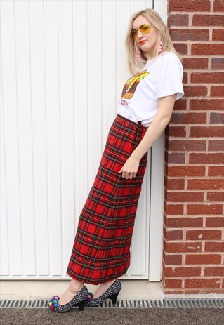 VINTAGE 90'S RED & GREEN TARTAN MAXI SKIRT WITH FRONT SPLIT