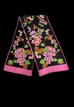 70's Vintage Ladies Black Floral Long Retro Fringe Scarf