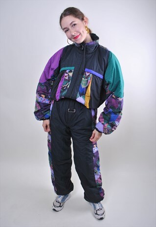 BLACK HOODED VINTAGE SKI SUIT, ABSTRACT PRINT SNOW SUIT