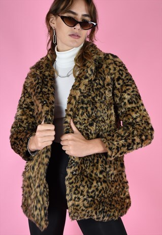 VINTAGE 90S FAUX FUR COAT LEOPARD PRINT SNAP CLOSURE BUTTON