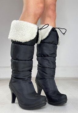 Vintage Y2k Boots Puffer High Heel Knee High Winter Snow 
