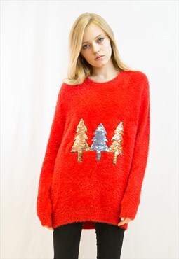 Christmas Trees patch embroidered fluffy jumper in red
