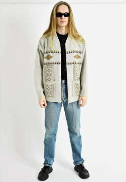 Vintage full zip bomber sweater jacket cardigan beige 80s L