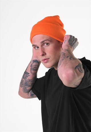 ESSENTIAL CUFFED BEANIE HAT - NEON BRIGHT YELLOW ORANGE