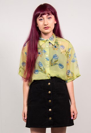 VINTAGE 90'S PALE GREEN FLORAL PRINT SHEER OVERSIZED SHIRT