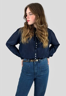 70's Vintage Blue Long Sleeve Ladies Blouse