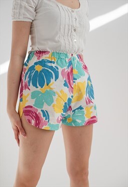 Vintage Highwaisted Colourful Floral Cotton Beach Shorts M