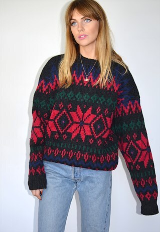 VINTAGE BLACK & RED PATTERN CHUNKY WOOL KNITTED JUMPER